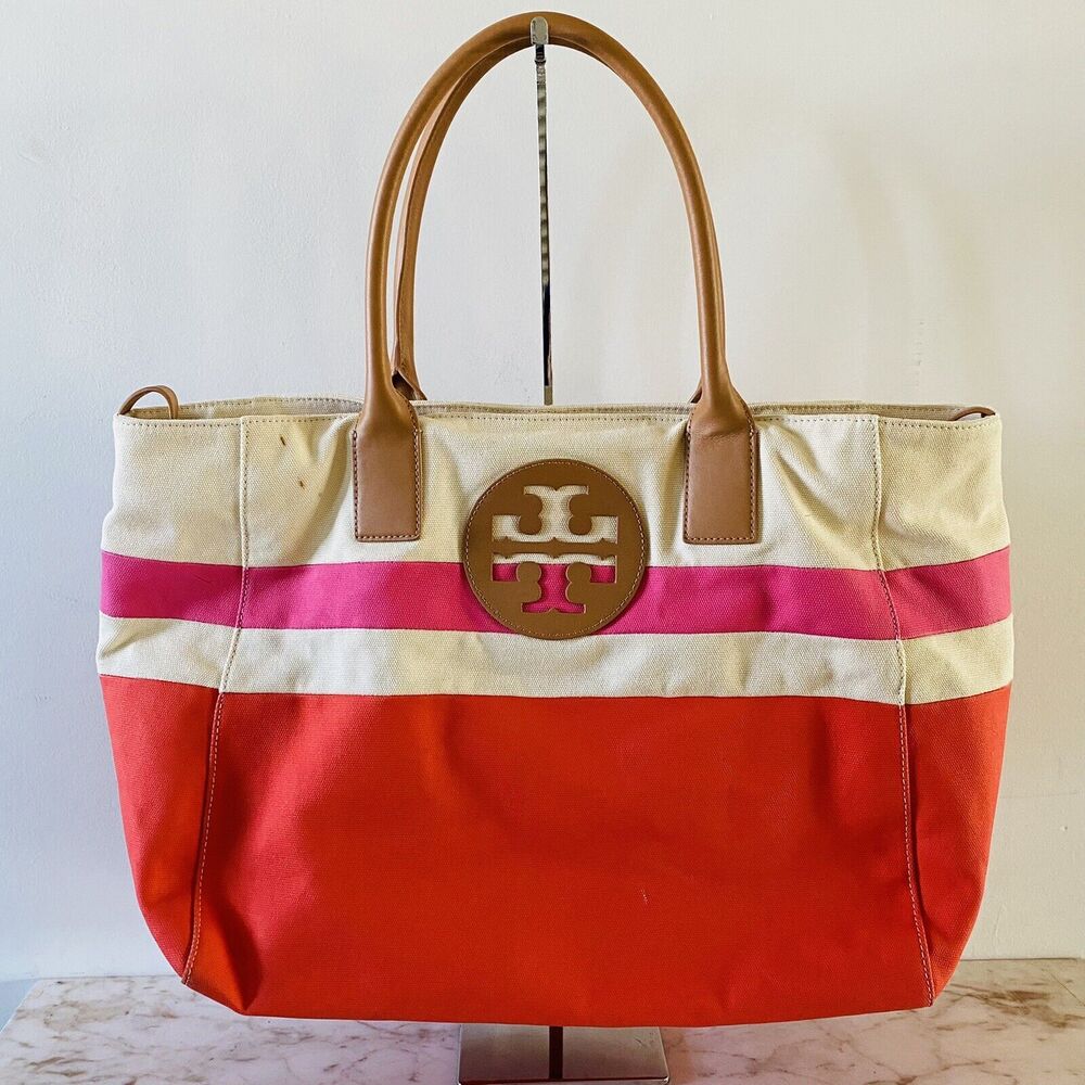 TORY BURCH Ivory Pink Red Color Block Canvas Tote Bag